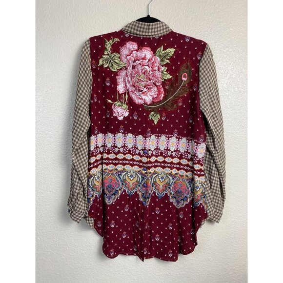 Aratta Silent Journey Tops - Aratta Silent Journey Anastasia Tunic Embroidered Floral Top Women Medium Plaid